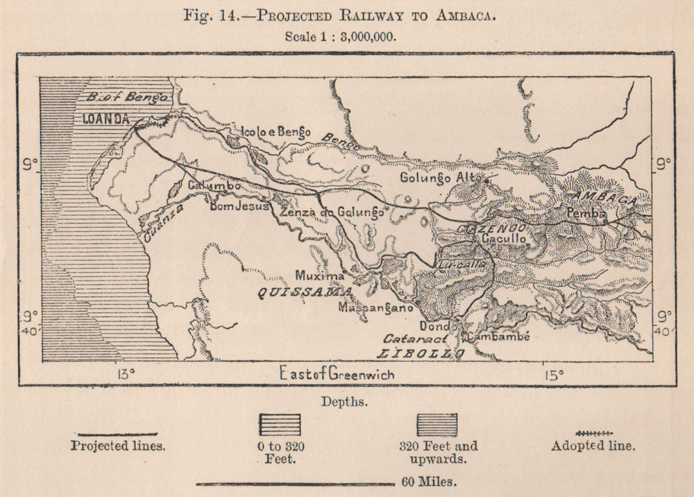Projected Railway to Ambaca. Angola 1885 old antique vintage map plan chart